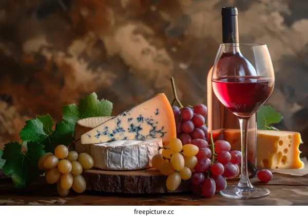 Still life with cheese, grapes, and wine