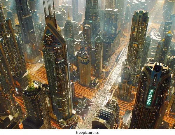 Aerial View of Futuristic Cityscape at Night