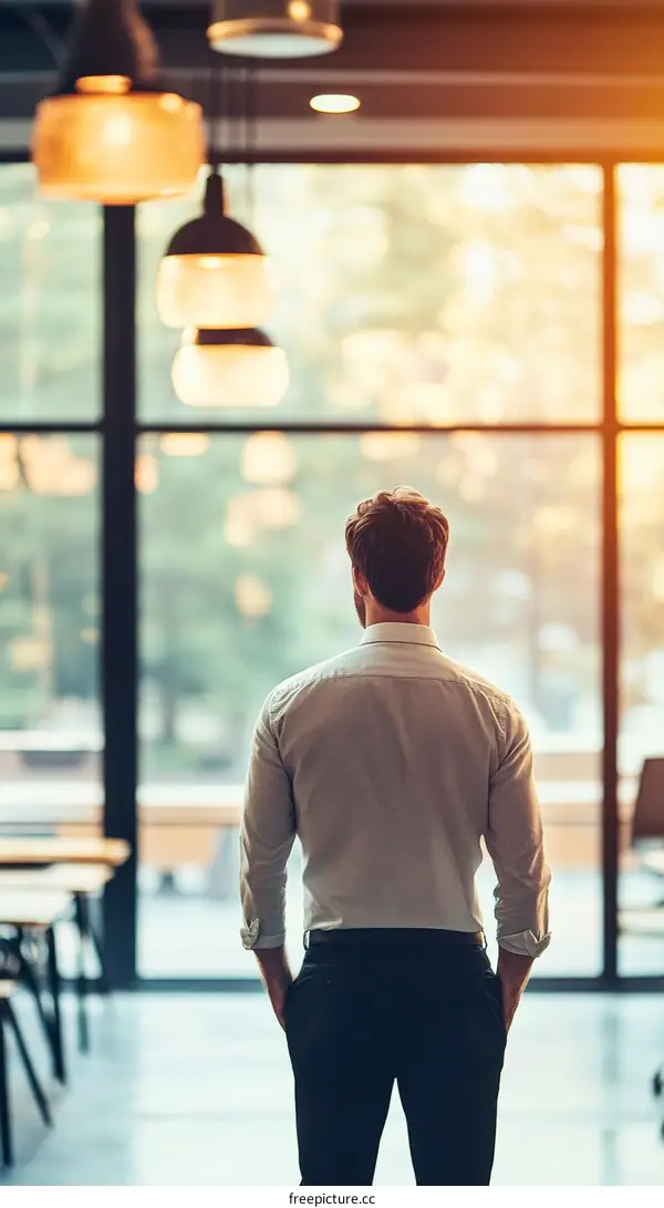 Businessman Standing by Large Window in Modern Office