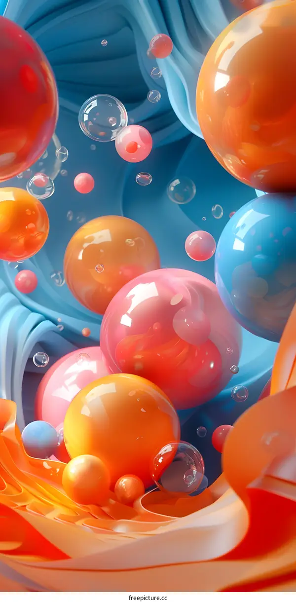Colorful 3D spheres floating in a blue and orange abstract background