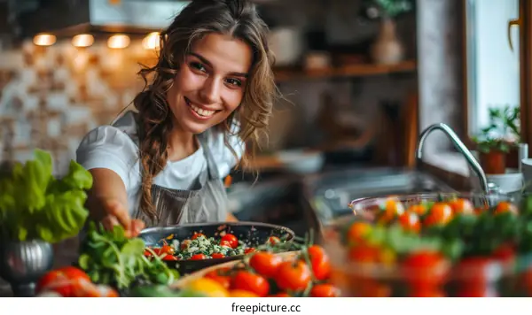 Smiling Woman Preparing a Healthy Salad