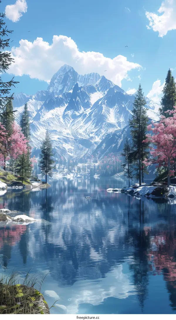 Fantasy Mountain Lake Cherry Blossom Landscape