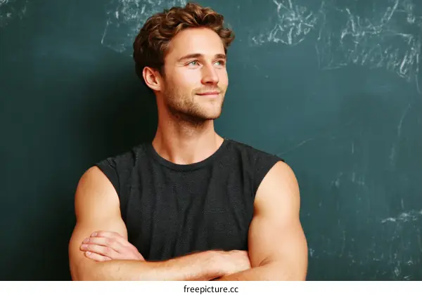 Thoughtful Caucasian Man in front of a Chalkboard