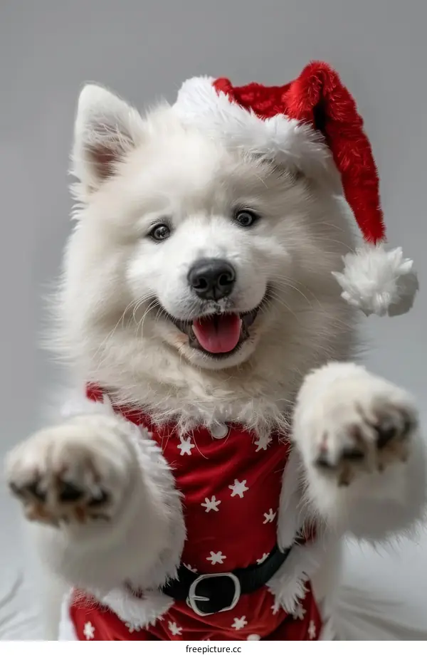Samoyed dog wearing a Santa hat