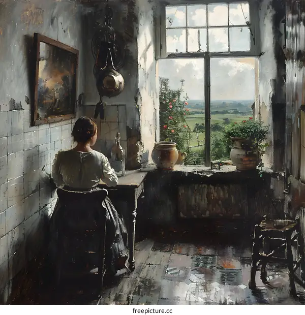 A woman is sitting in a kitchen and looking out the window