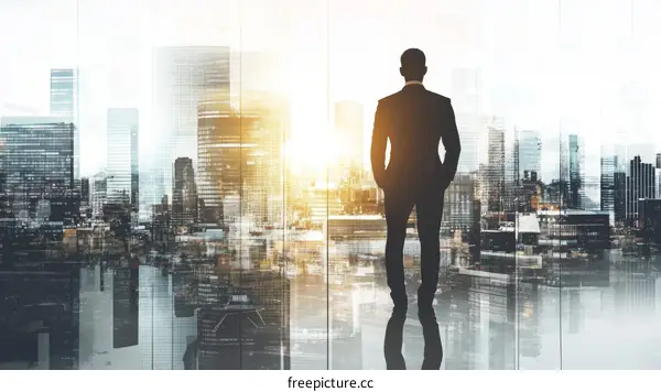 Businessman Silhouette overlooking a Modern Cityscape