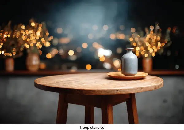 Wooden Table with Grey Vase in a Dark Cafe Setting