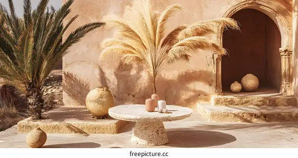 Dried Grass and Vases in a Courtyard Setting