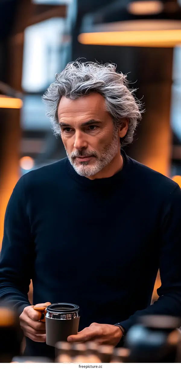 Portrait of a Man with Gray Hair Holding a Cup of Coffee