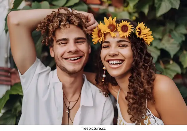 Couple Smiling Together In Summer With Sunflower Crown