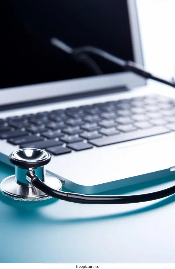 A stethoscope rests on a laptop keyboard