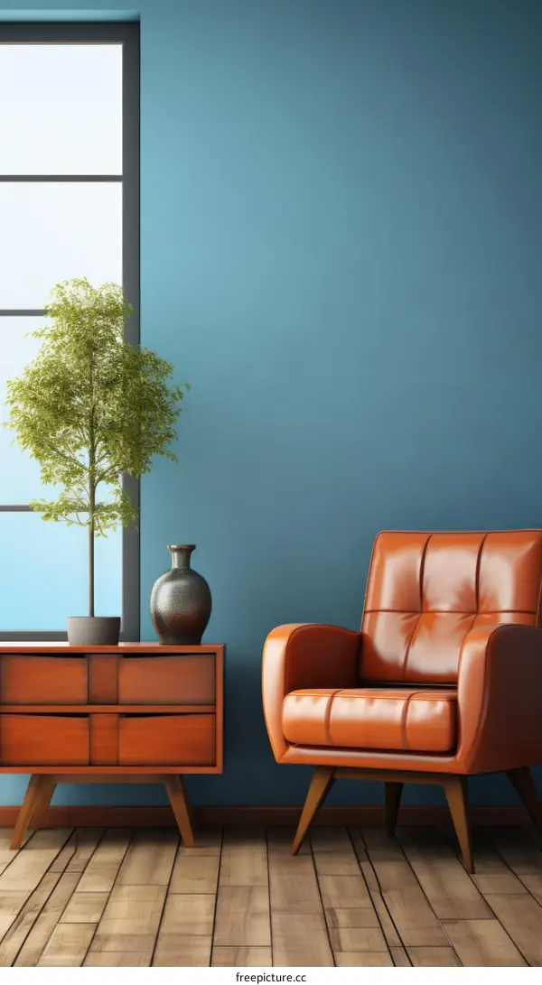 Retro Orange Leather Armchair in Minimalist Room