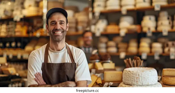 Portrait of a smiling man standing in a cheese shop