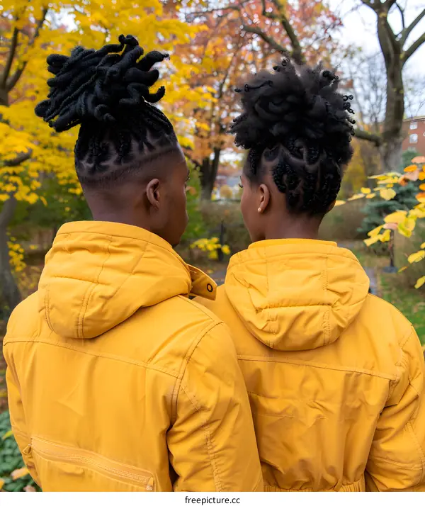 Couple in yellow jackets with braids in an autumnal park
