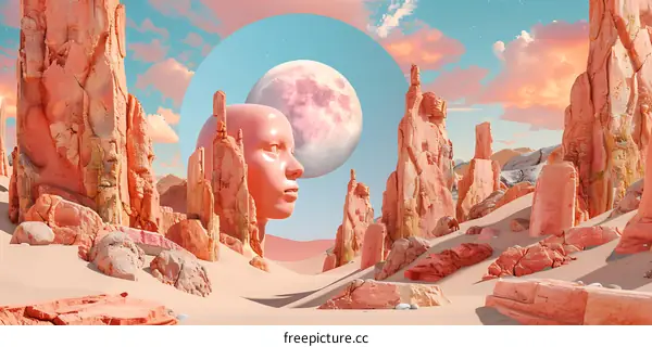 Surreal Desert Landscape With Pink Moon and Human Head Sculpture