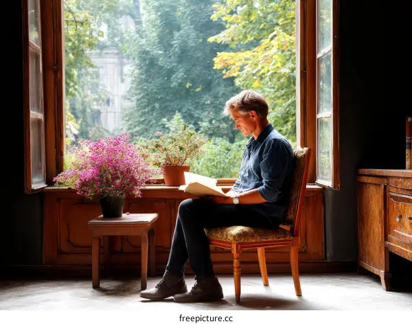 Man Reading Book by Large Window with Plants