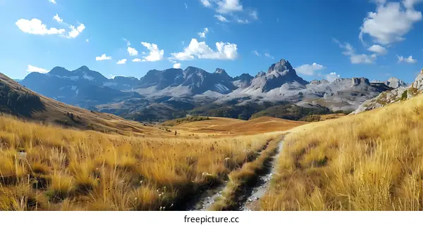 Mountain Landscape with Grassy Field and Dirt Road