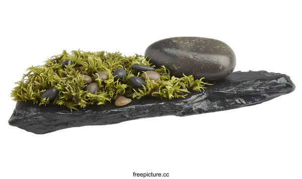 [Transparent Background PNG]Green Moss with Stone on Black Slate