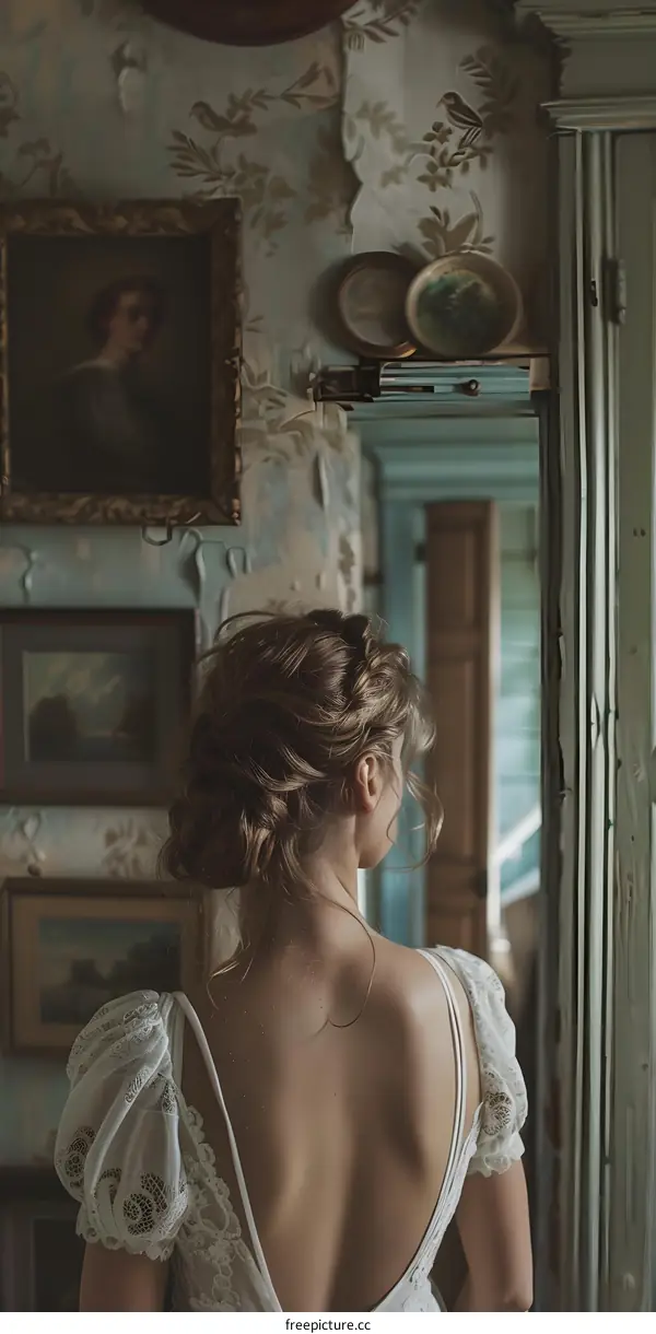 woman in white dress standing in front of mirror