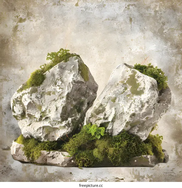 Two Large Rocks with Green Moss