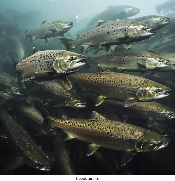 A large school of Atlantic salmon swim underwater