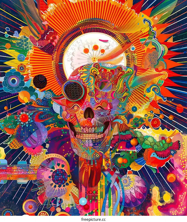 Colorful Skull Artwork with Abstract Designs and Patterns