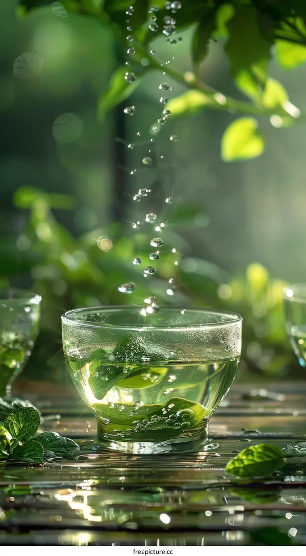 Green tea leaves and water drops