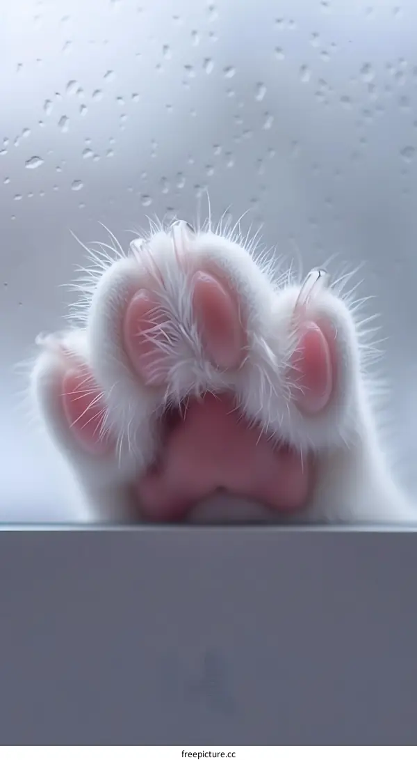 Close up of a white cat paw on a window