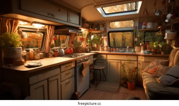 Cozy Kitchen in a Camper Van with a View of the Fall Foliage