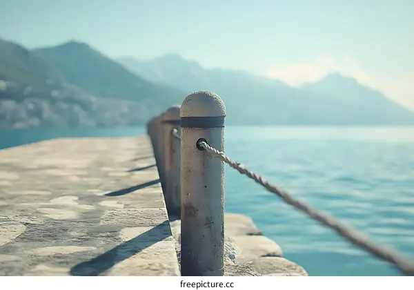 Close Up of Concrete Post on a Pier with Mountains in the Background