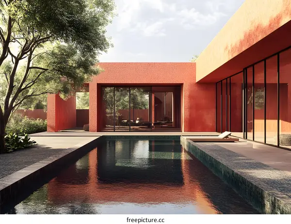 Modern Red House with Pool and Patio