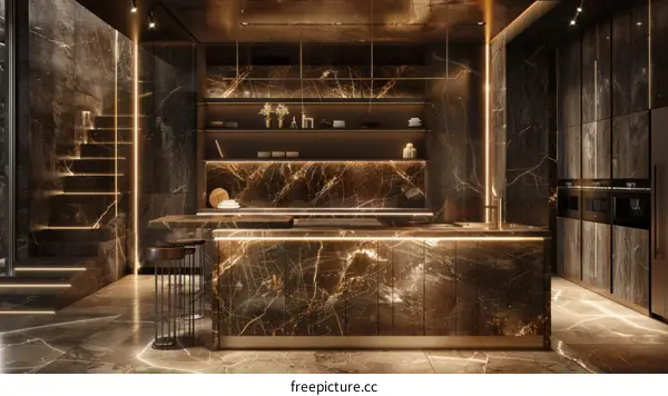 Dark and luxurious marble kitchen with integrated shelving and lighting