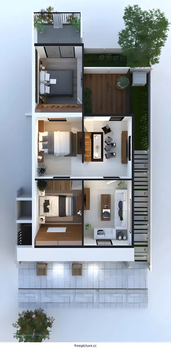 Modern House 3D Floor Plan With Balcony And Garden