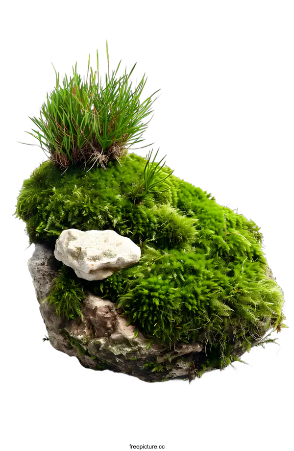 [Transparent Background PNG]Green Moss Rock with Grass on White Background