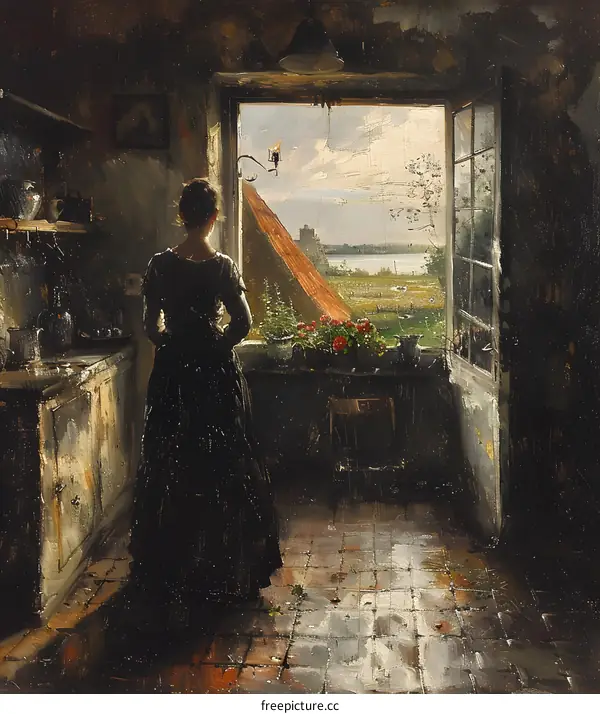 A woman standing in a kitchen looking out the window