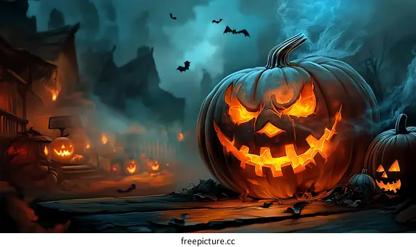 Halloween Night Scary Pumpkin Street Scene Illustration