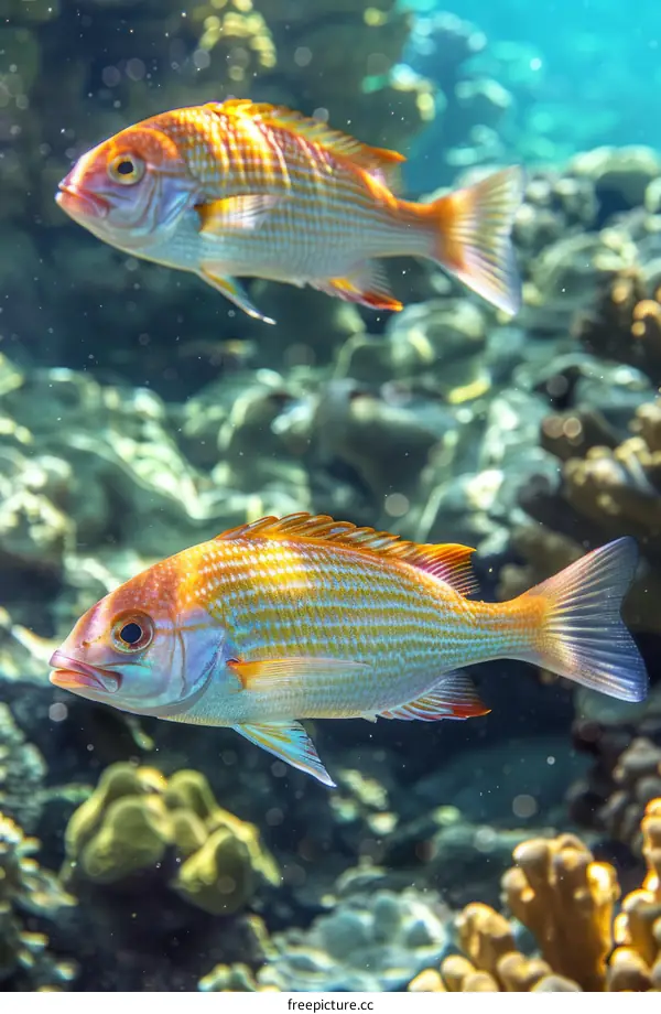 Two colorful fish swimming in a coral reef
