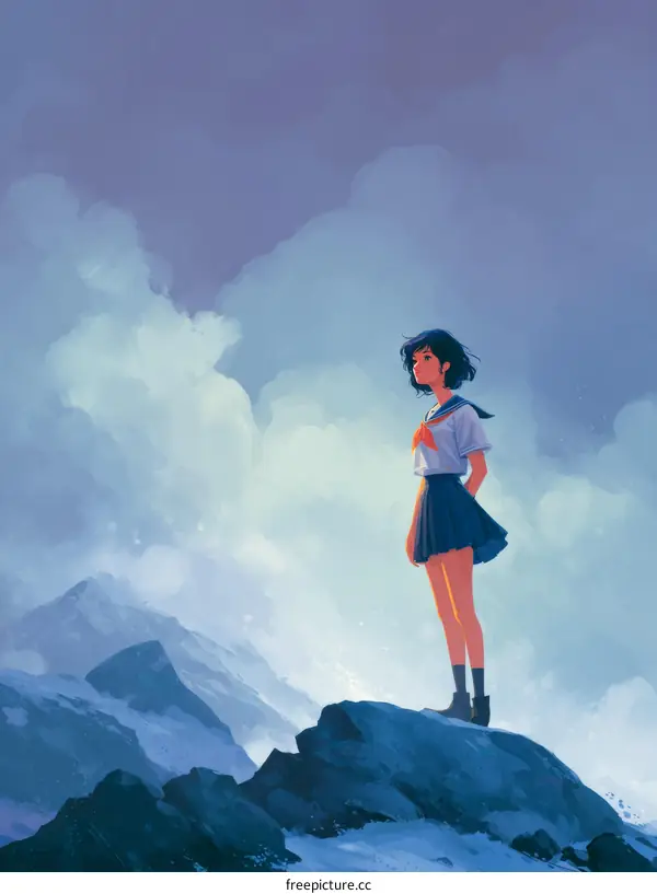 A Girl Standing on a Rocky Mountain Summit