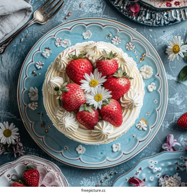 Strawberry and Daisy Cake on a Blue Plate