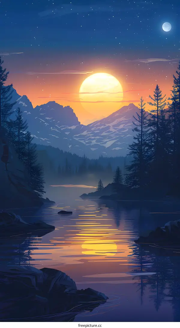 Mountain Lake Sunset with Full Moon