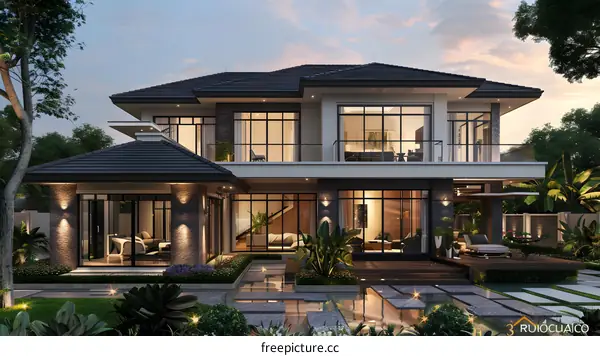 A magnificent house with a pool and a garden