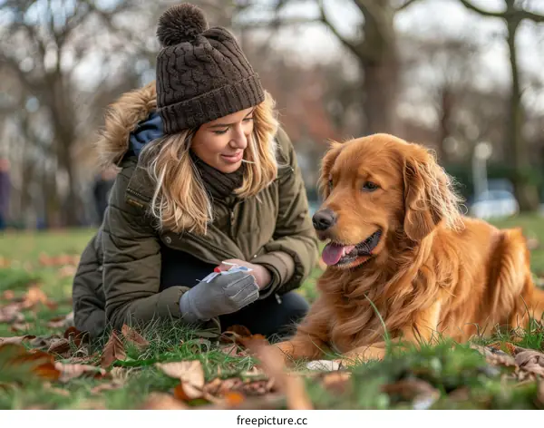 A blonde woman is petting a golden retriever dog in the park.
