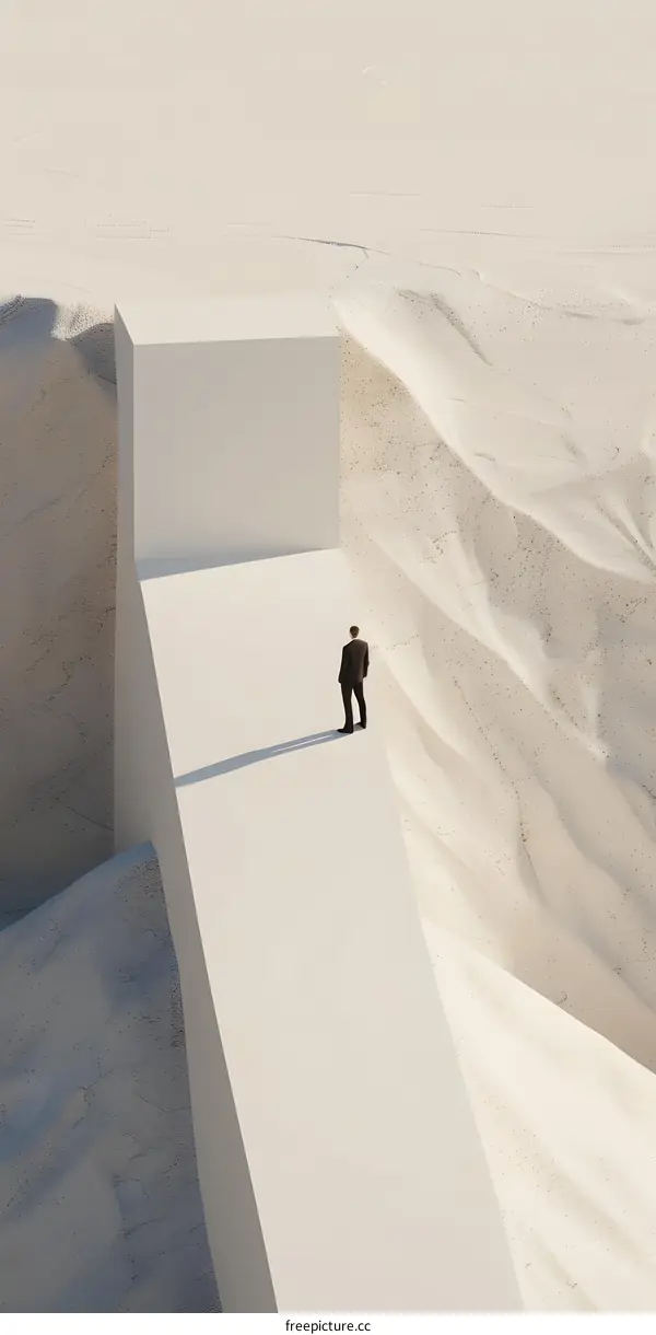 Businessman Standing on White Platform in Abstract Landscape