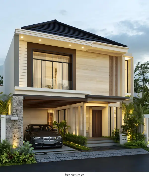 Modern Two Story House With Garage And Car