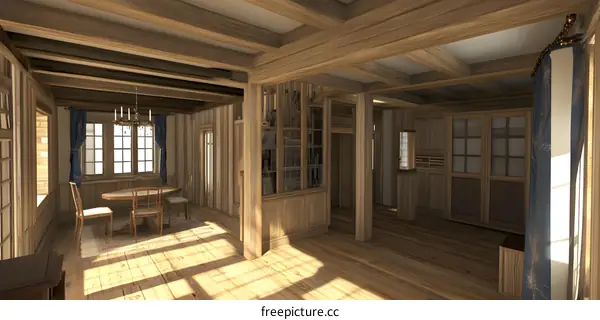 Wooden Beams and Sunlit Floor in a Rustic House Interior