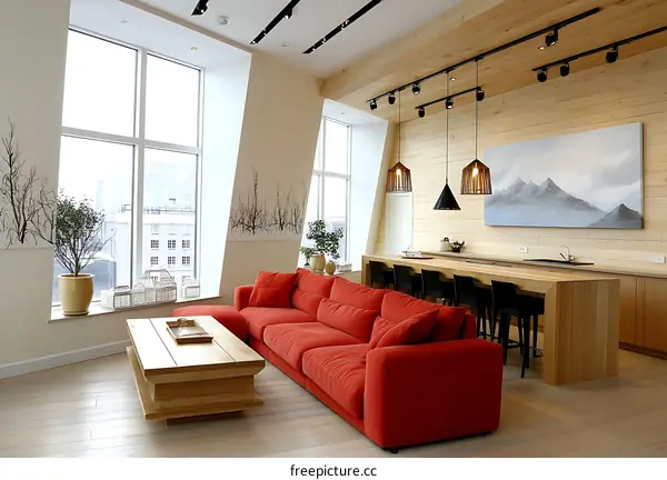 Modern Loft Apartment with Red Sofa and Large Windows