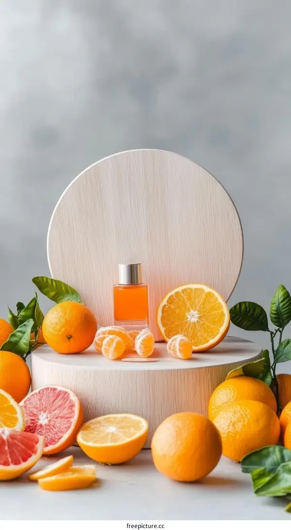 Citrus Fruits Display with Perfume Bottle on Wooden Stand