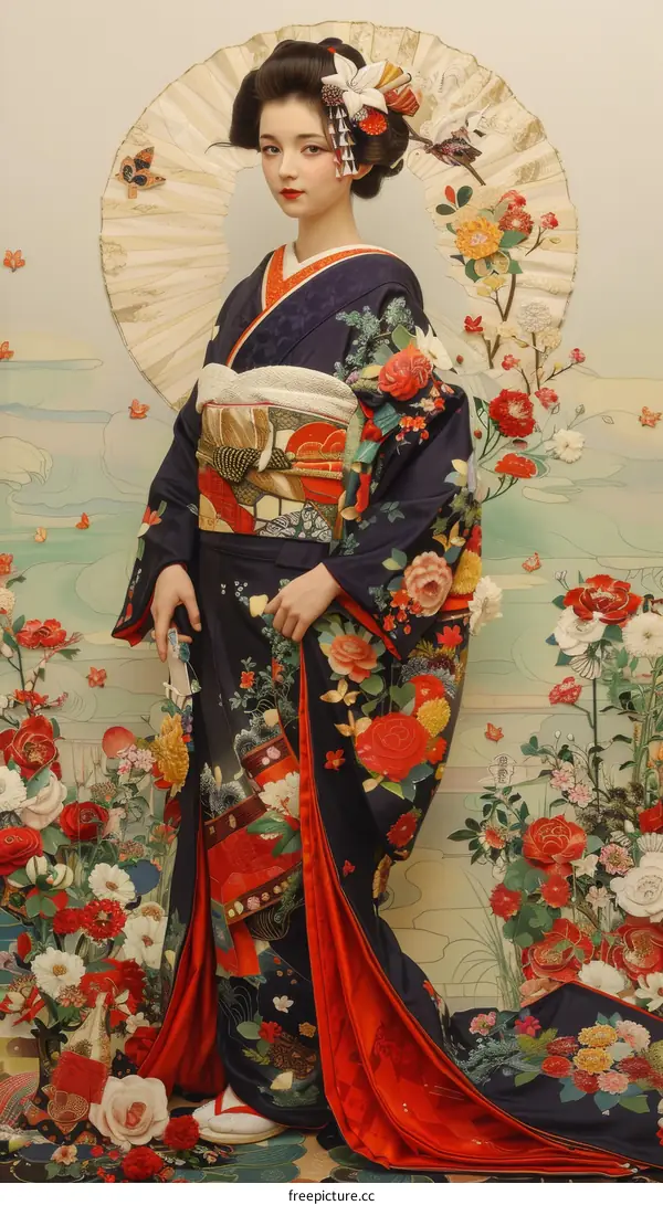 Portrait of a Japanese woman in traditional kimono with floral pattern and red obi