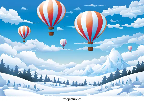 Hot Air Balloons Flying Over Snowy Mountain Landscape Illustration