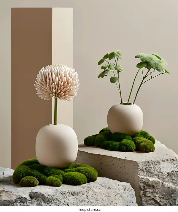 Modern Minimalist Flower Arrangement In White Vases On Stone And Moss